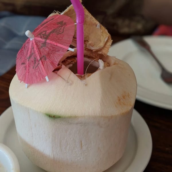 Fresh young coconut drink with a pink straw and decorative umbrella on a white plate.