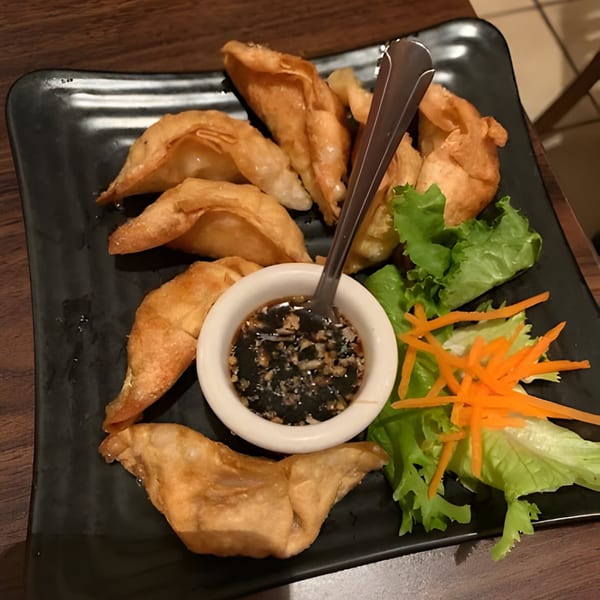 A black plate of golden-brown Thai dumplings with a side of dark dipping sauce, lettuce, and shredded carrots.